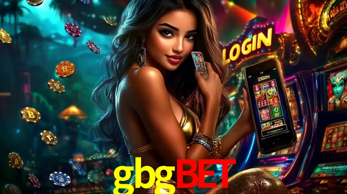 Mulher em um cenário de cassino temático de aventura, mostrando o app de caça-níqueis da gbgbet no celular. Fichas de apostas flutuam ao redor.